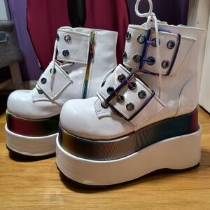 Demonia Bear-104 White Patent Leather Rainbow Ankle Platforms Boots